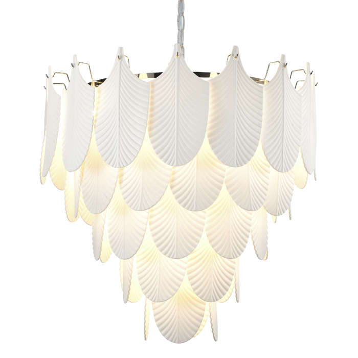 LAMPA WISZĄCA Palermo białe, ceramiczne liście, niklowana rama, wyjątkowa