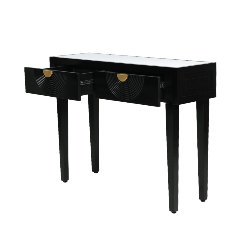 stolik-pomocniczy-czarny-styl-glamour-blat-lustrzany-dwie-szuflady-zdjecie
