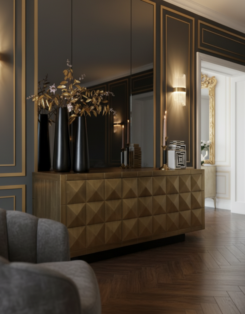 KOMODA Collada 3-drzwiowa, złota, piękny wzór, nowoczesny styl