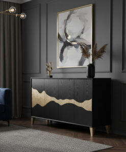 KOMODA czarna, złoty wzór w kształcie fali piasku, złote nóżki, nowoczesna