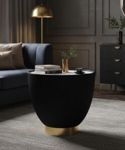 STOLIK KAWOWY w kształcie półkuli, czarno-złota podstawa, biały blat, nowoczesny