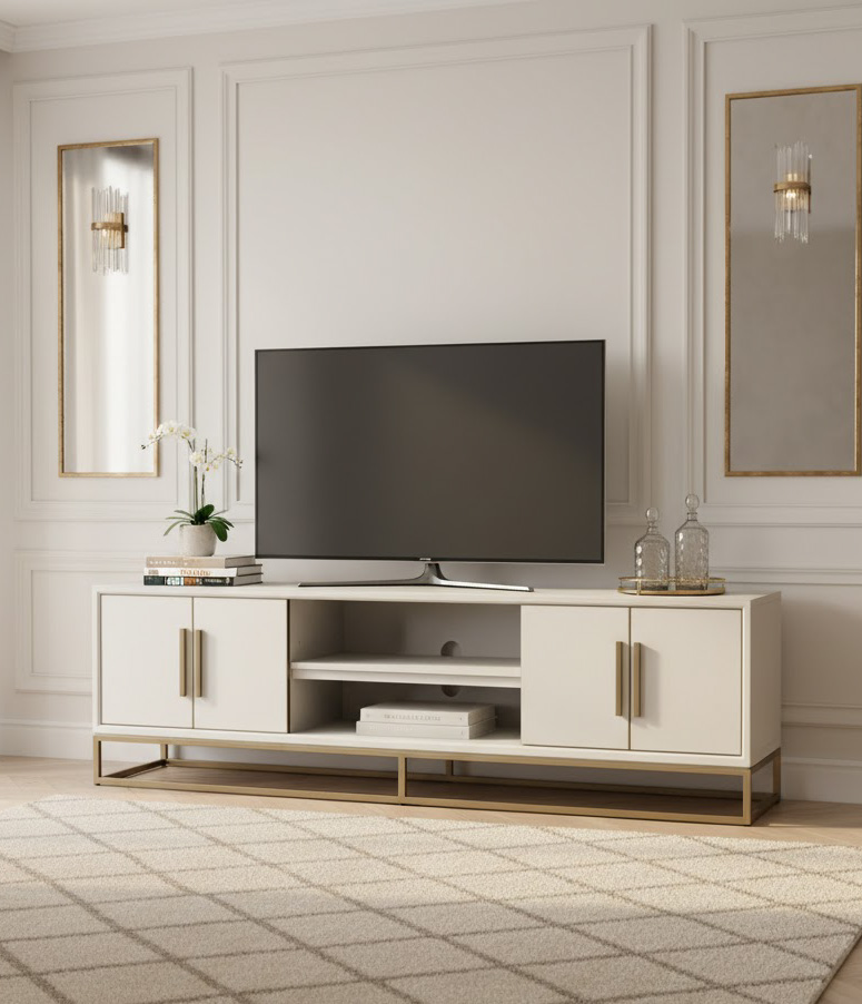 SZAFKA RTV beżowa z forniru dębowego, mosiężne detale, wyrafinowany styl