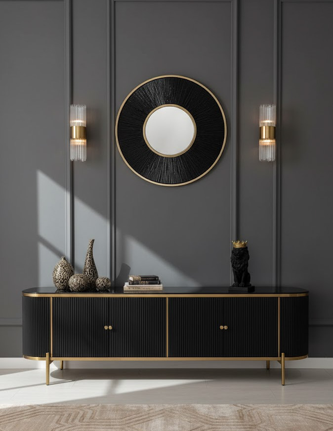 SZAFKA RTV czarno-złota, ryflowane wykończenie, blat ze spieku kamiennego, nowoczesny styl