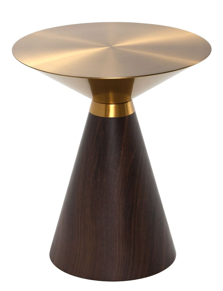 STOLIK KAWOWY w kształcie klepsydry, złoty metalowy blat, brązowa drewniana podstawa, nowoczesny, najwyższa jakość