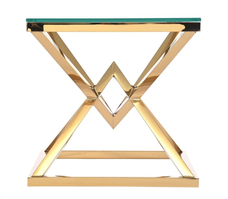 STOLIK POMOCNICZY złoty, metalowa podstawa, transparentny szklany blat, styl glamour, najwyższa jakość