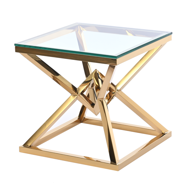 STOLIK POMOCNICZY złoty, metalowa podstawa, transparentny szklany blat, styl glamour, wyjątkowy