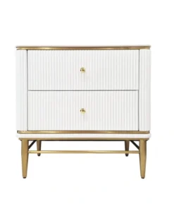 NIGHT TABLE mit zwei Schubladen, weiß mit goldenen Metalldetails, exklusiv