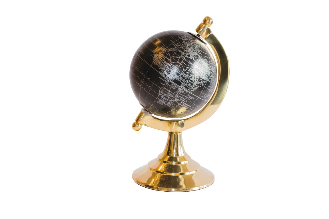 DEKORATIVER GLOBUS mit goldenem Sockel und schwarz-silberner Karte, moderner Stil, einzigartig DEKORATIVER GLOBUS mit goldenem Sockel und schwarz-silberner Karte, moderner Stil, einzigartig