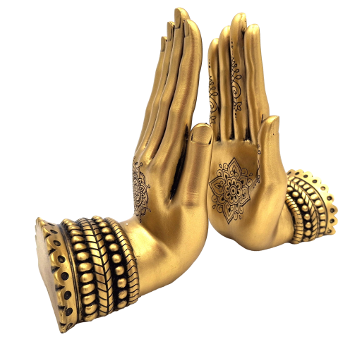 Buchhalter in Form einer mit buddhistischen Mustern verzierten Hand, goldfarben, 2er-Set, schön Buchhalter in Form einer mit buddhistischen Mustern verzierten Hand, goldfarben, 2er-Set, schön
