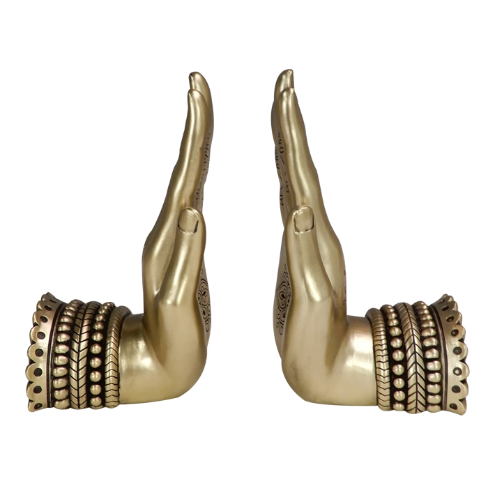 Buchhalter in Form einer mit buddhistischen Mustern verzierten Hand, goldfarben, 2er-Set Buchhalter in Form einer mit buddhistischen Mustern verzierten Hand, goldfarben, 2er-Set
